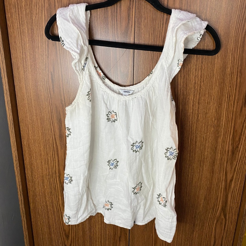 Sonoma Goods For Life Tank Top Women Medium White Floral Embroidered Ruffle